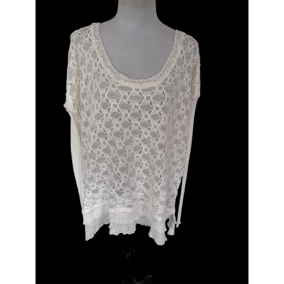 Free People Sweater Crochet Open Lace Long Sleeve Ruffle Hem Boho Top Ivory L - Picture 1 of 9